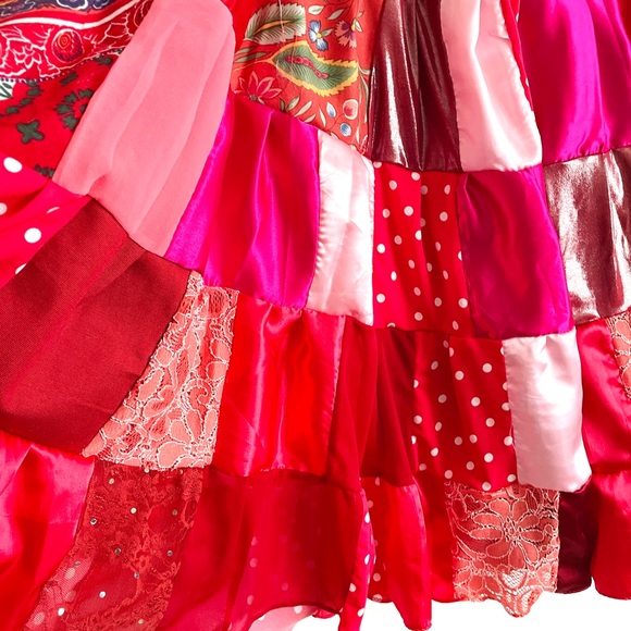Red Multicolor Patchwork Skirt. Mid-calf Midi. Satin Cotton Chiffon. Size S, New - Picture 2 of 5